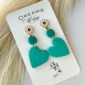 Turquoise Teal Heart Drop Polymer Clay Earrings with Daisy Studs